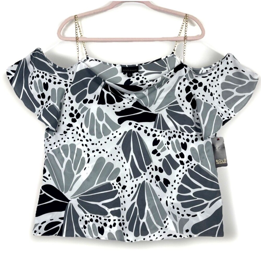 Bold Elements Cold Shoulder Blouse Women’s SZ XL Black Gray Gold Chain Boho Chic